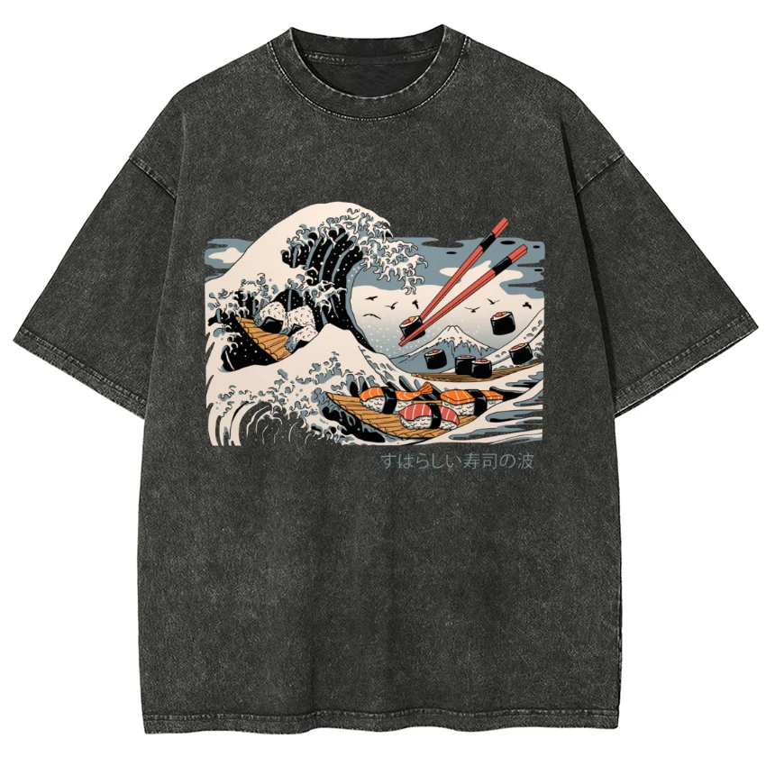 

2024 Oversized Summer T-Shirt Women's Top Wave Print Crew Neck Wash Unisex Short Casual Comfortable Y2K