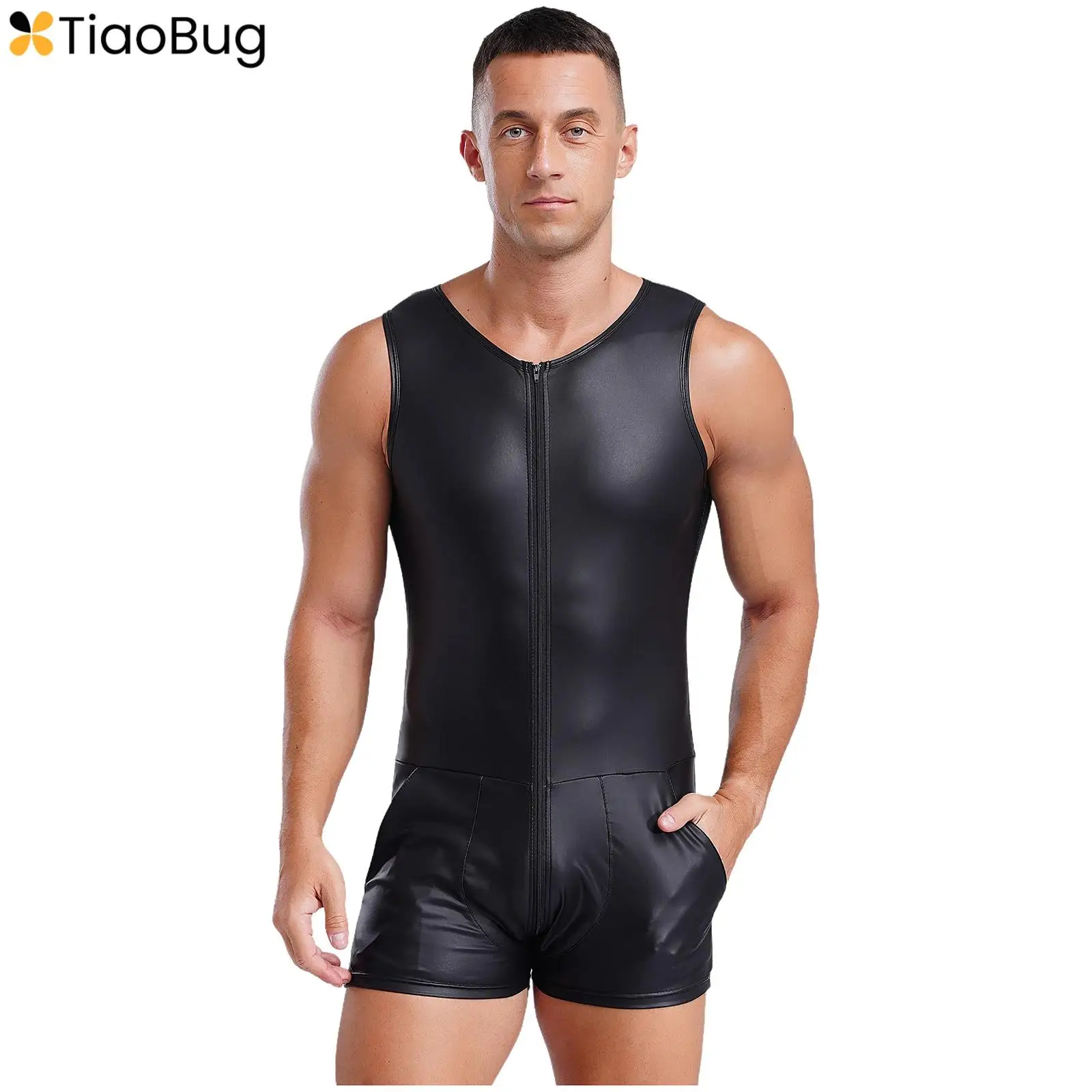 

Mens Sexy Faux Leather Rompers Bodysuit Sleeveless 3-end Zipper Leotard Jumpsuit Tempting Clubwear Nightwear Beach Swimming Suit