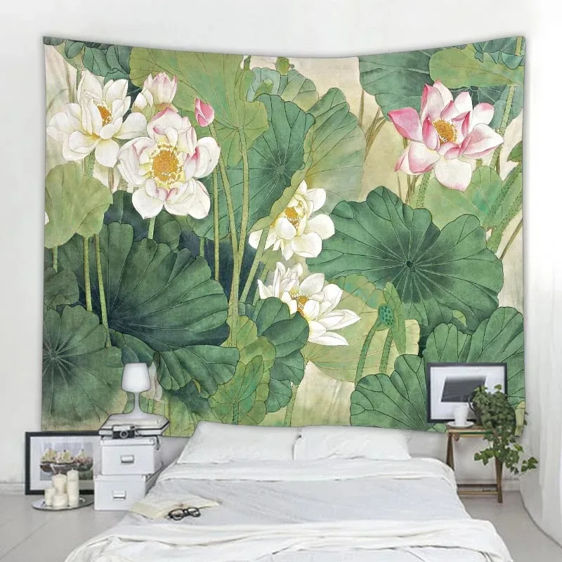 Home art decoration lotus leaf tapestry wall hanging bohemian hippie small fresh tapestry yoga mat large beach towel