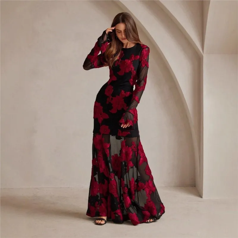 

Fashion Women's High Jacquard Embroidered Evening Dresses Backless Evening Party Long Sleeve Dress Female Party Banquet Dresses