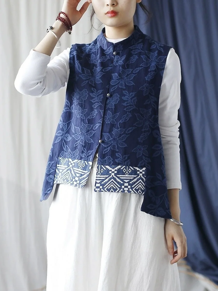 

Двухслойный хлопковый жилет с вышивкой, весенне-осенний новый китайский национальный тренд, женский модный серебряный синий неровный подол
