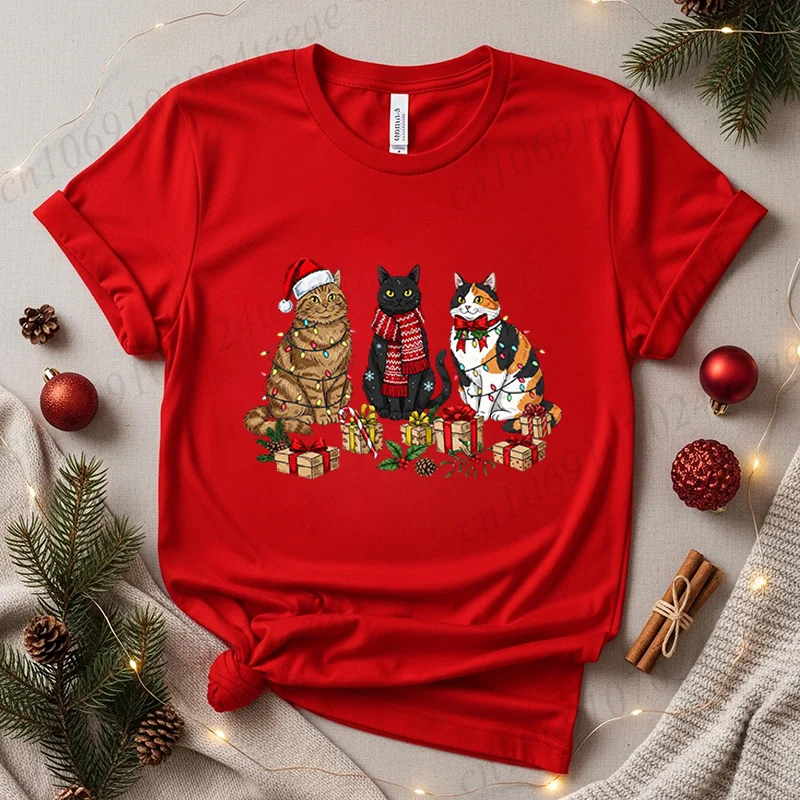 Cute Cats with Santa Claus Hat Printed T-Shirts for Women Unisex Clothes Meowy Christmas Design T-Shirts Happy New Year Clothes