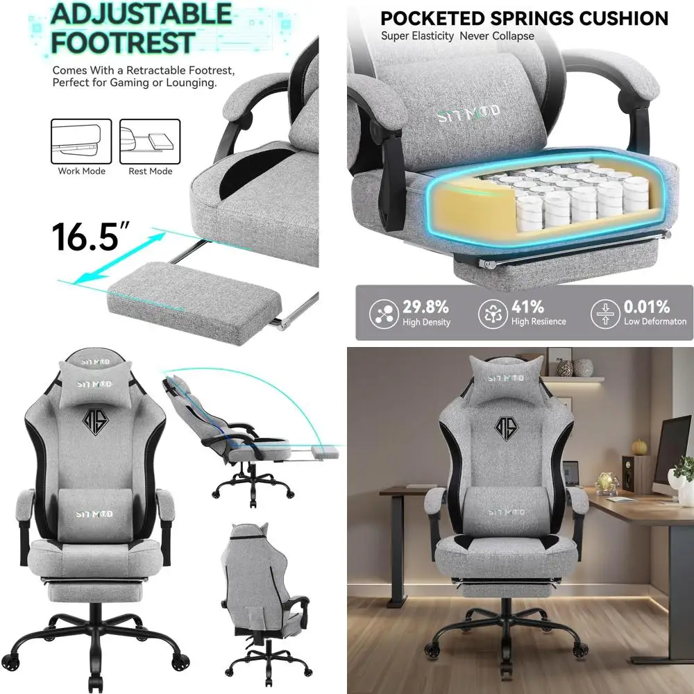 

Эргономичное игровое кресло с тканевой обивкой, подставкой для ног и регулируемой поясничной поддержкой для комфортной игры на ПК, до 160 кг