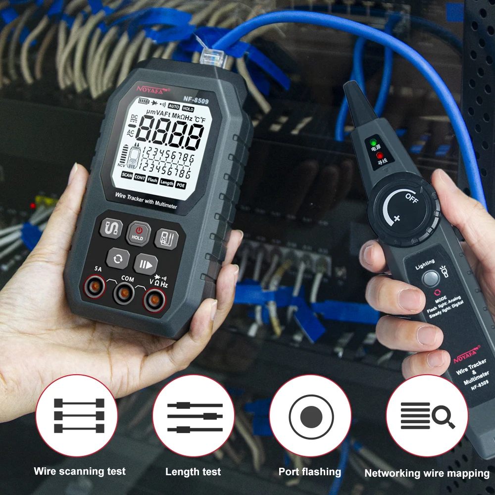 NOYAFA NF-8509 dwa w jednym miernik testujący lince sieciowej do testu POE NCV AC DC LCD Wire Tracke