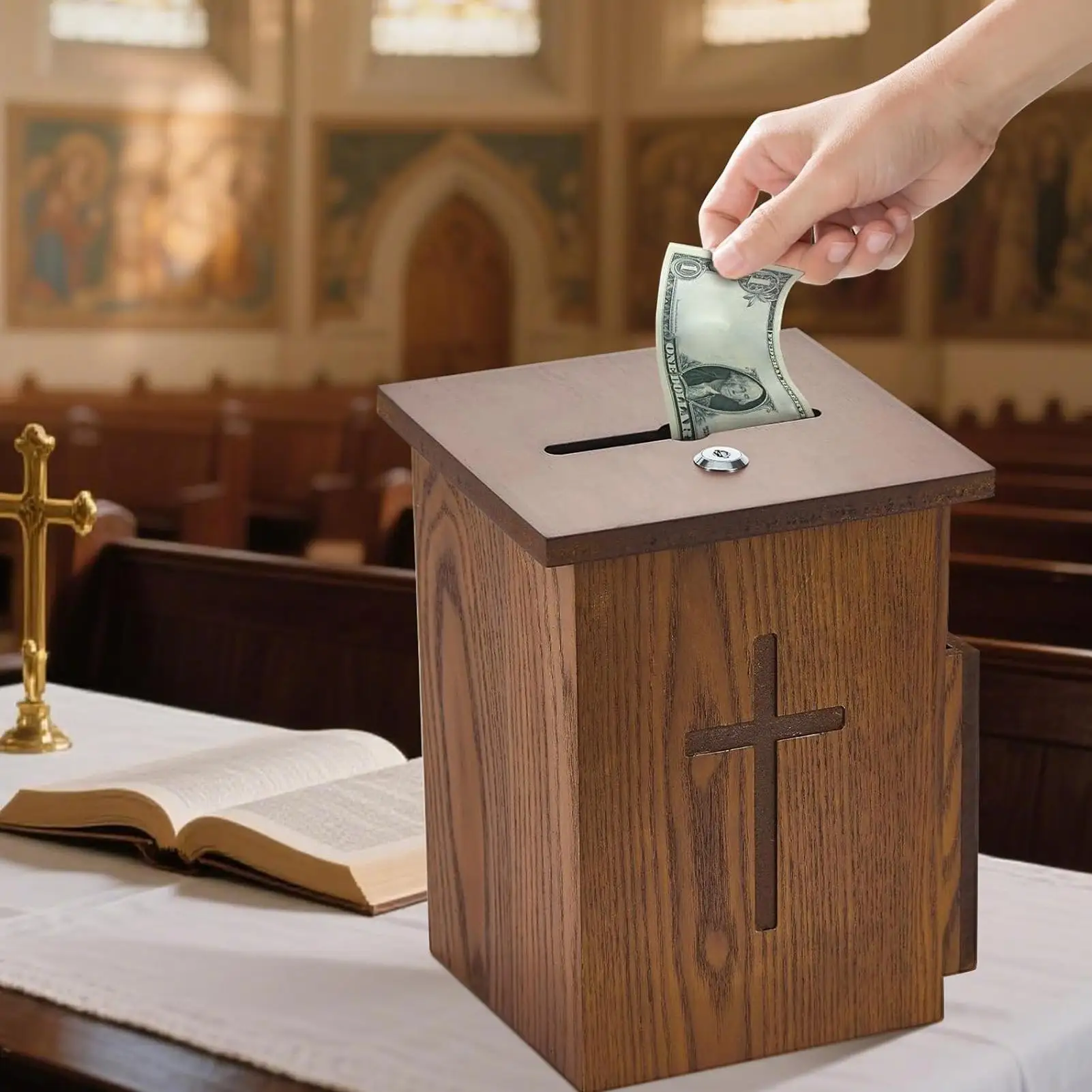 Boîte de dons en bois avec fente, verrouillable, pour collectes caritative, églises, sanctuaires, funérailles, titres religieux, événements et services religieux