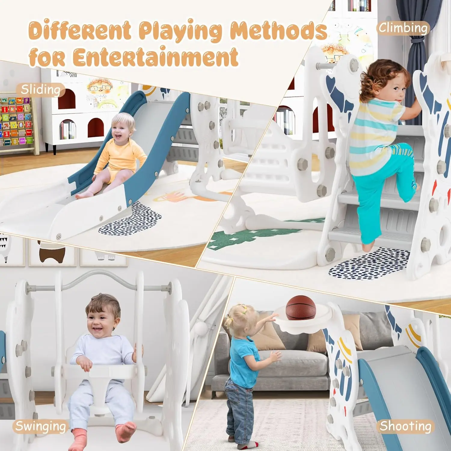Set scivolo e altalena per bambini 4 in 1, altalena per bambini per interni ed esterni a razzo con scivolo, altalena, scalatore, canestro da basket e palla, Cli per bambini
