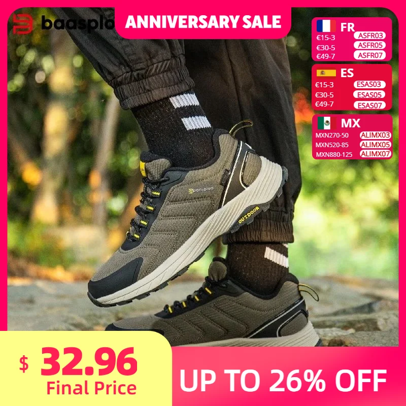 

Baasploa Hiking Shoes Men Outdoor Climbing Lace-Up Sneakers Male Anti Splash Water Casual Wear-Resistant Non-slip Walking Shoes
