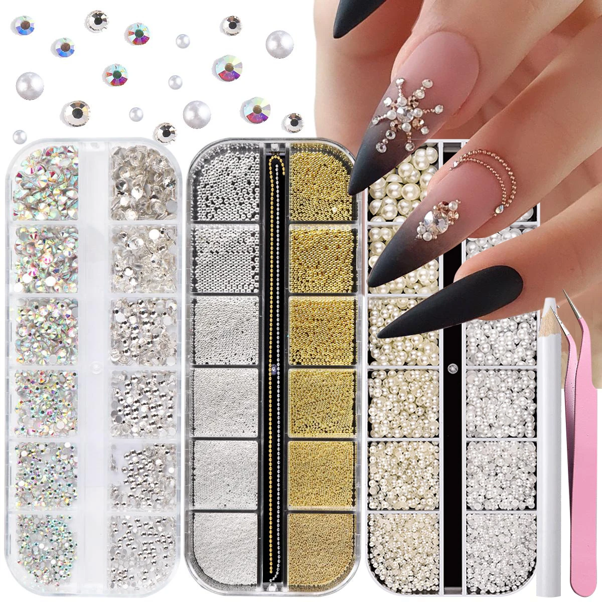 3 Box Set Nail Art Flat Back Rhinestones, Colorful Glass Drills, Pearl Nails, Gold Silver Fish Scale Beads, DIY Makeup Decoratio
