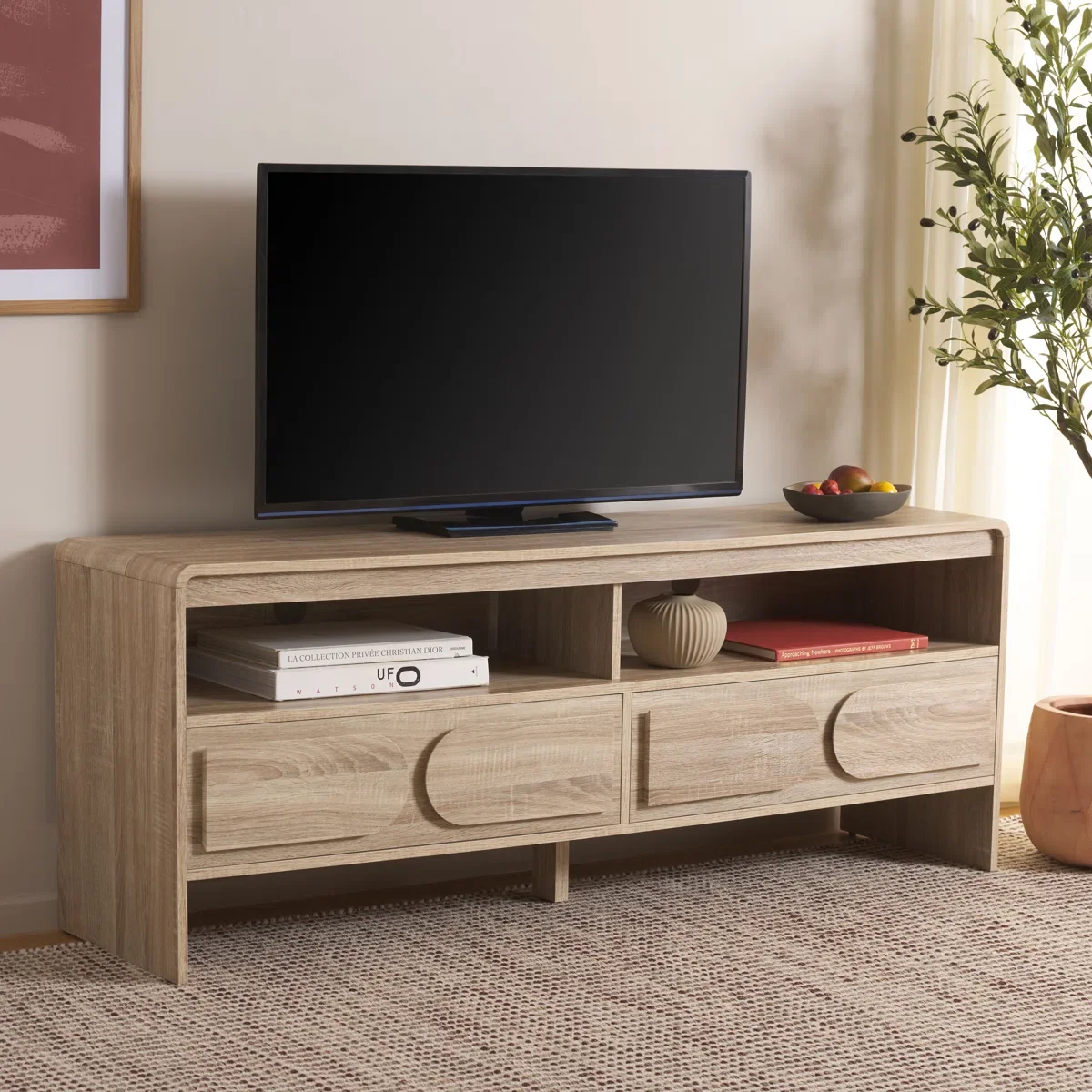 Wooden TV cabinet with 2 drawers and open shelving, living room media console, curved design entertainment unit cabinet