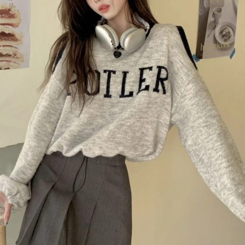 Hollow Out Sweatshirts Women Letter Gray Loose Off Shoulder Simple Casual Korean Fashion Style All-match Crop Autumn Y2k Clothes