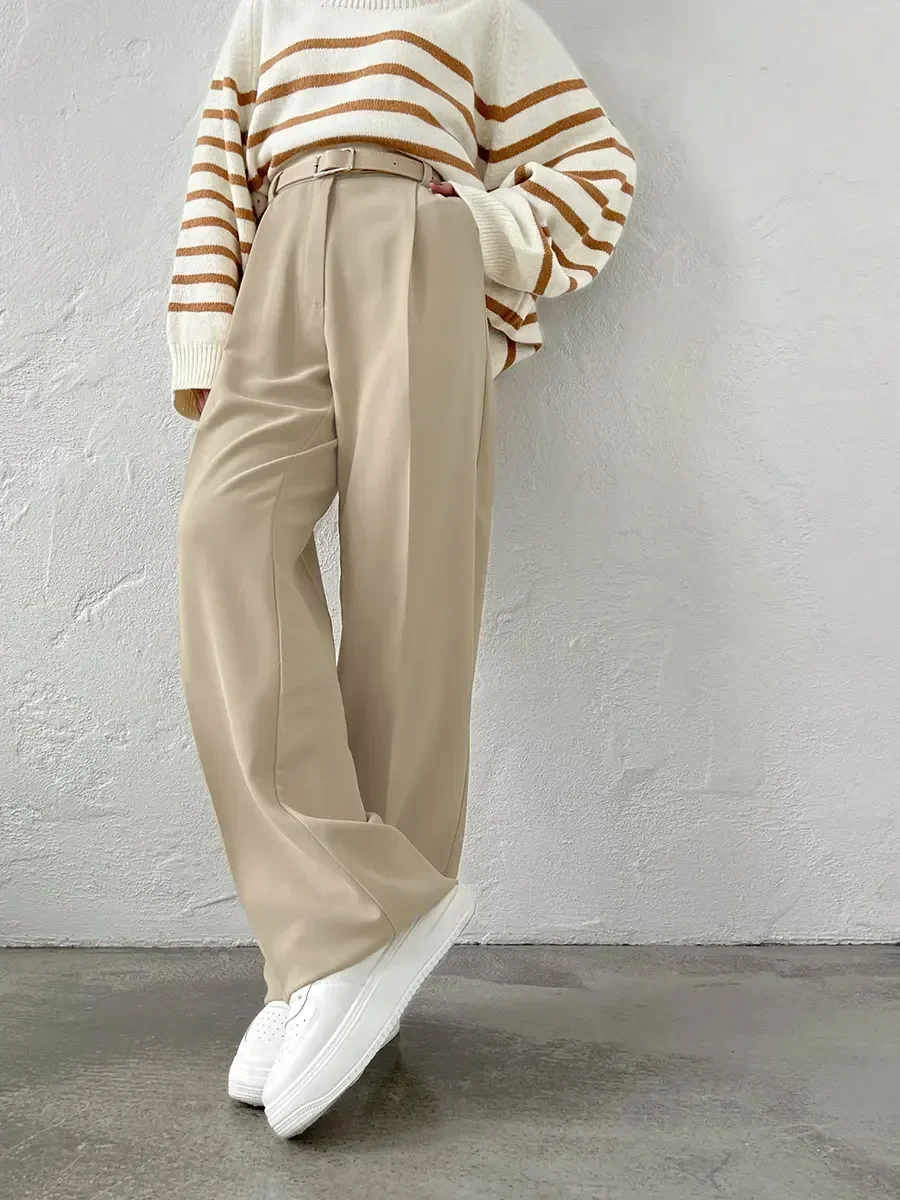 Wolfeel Office Ladies Full Length Trousers Women High Waist Pants Pockets Female Pleated Wide Leg Solid OL Pants Women Clothes