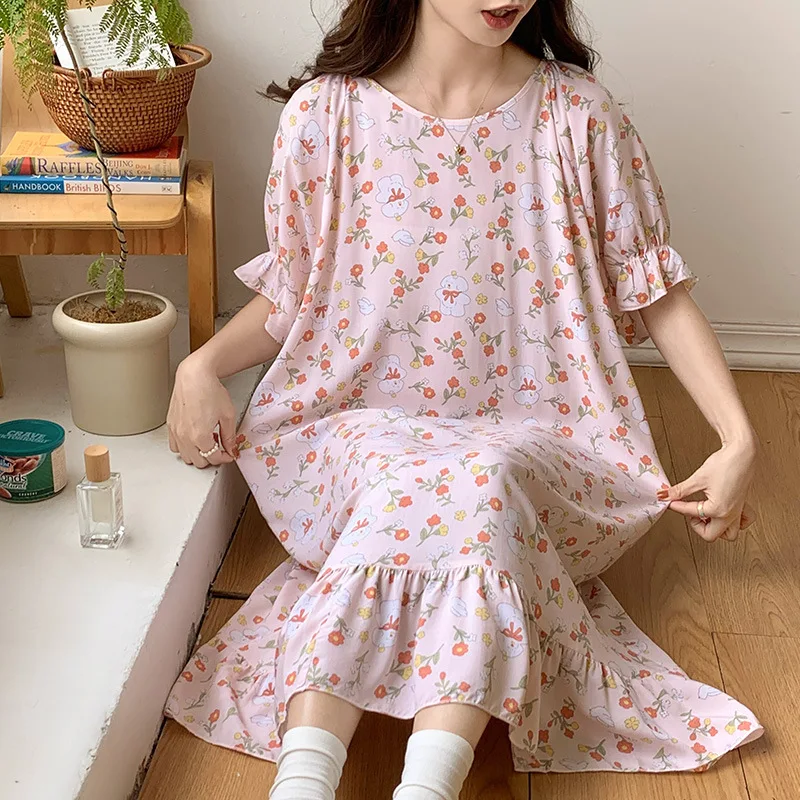 Night Dress Women Loose Printed Cotton Rayon Thin Sleepwear Short Sleeve Ladies Nightgowns Chest Pad Lounge Wear Nightdress