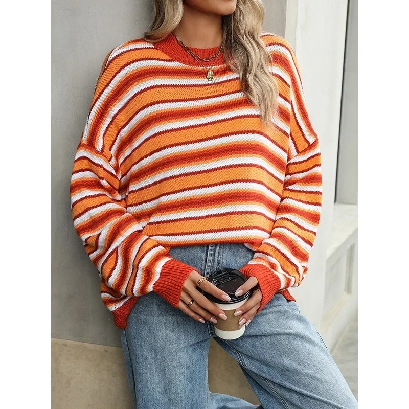 Jennifer Long Sleeves Loose Sweater for Autumn Winter 2024 New Fashion Streak Split-Joint Striped Round-Neck Tops for Ladies