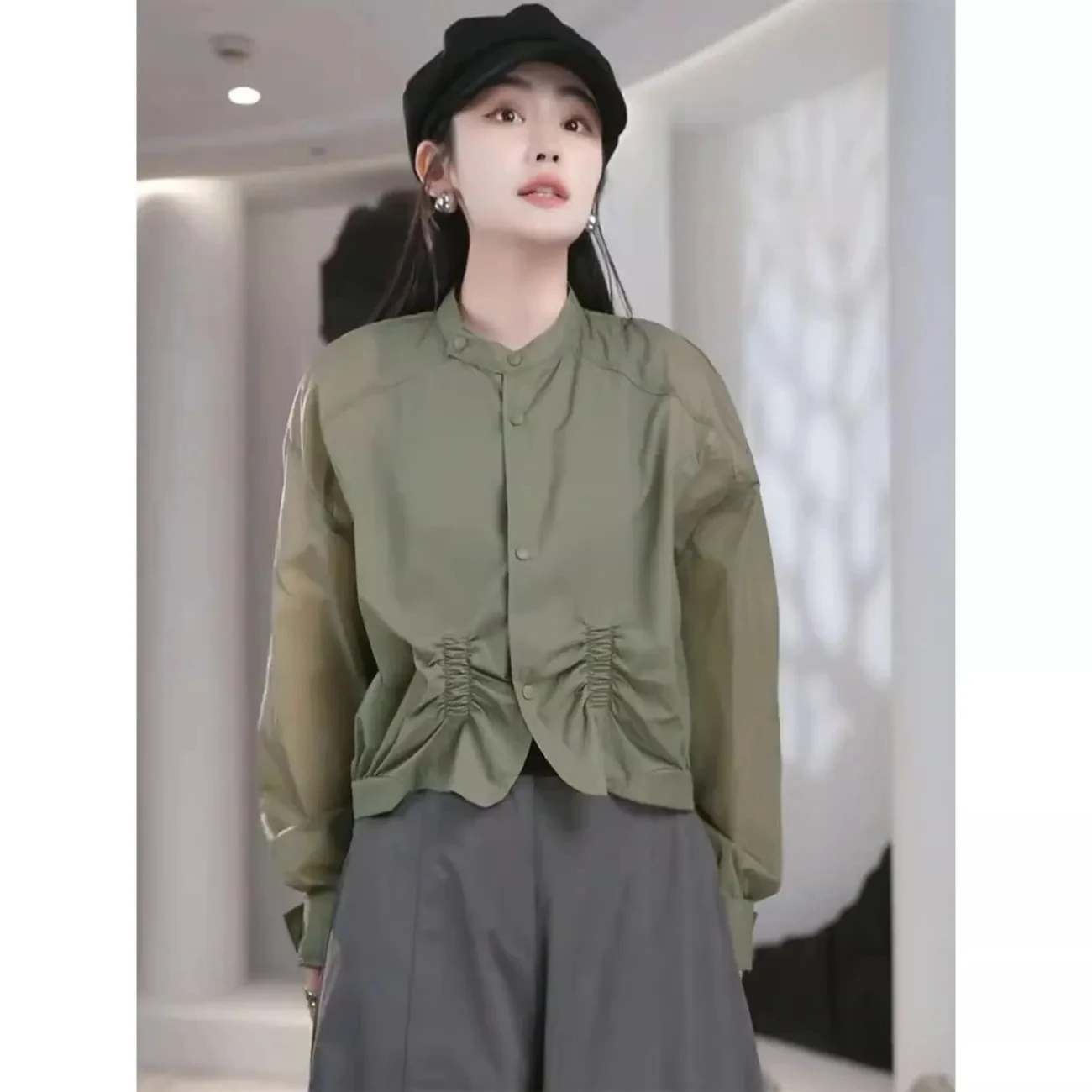 Korean Sle Long Sve Women's Summer Thin Loose Breathable Sun Protection Outerwear Ele Folded Design Slimming Top