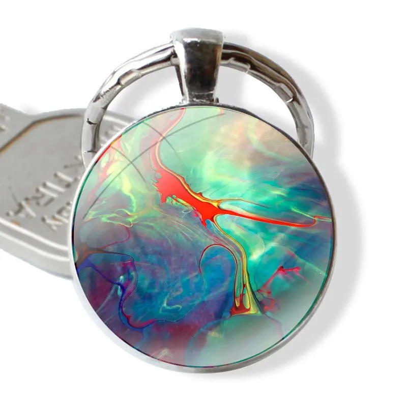 Keychain Handmade Glass Cabochon Key Ring Holder Pendant Key Chains Abstract Rainbow Ripple Tie Dye art