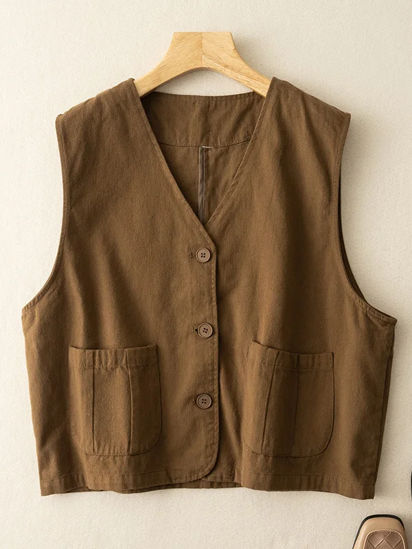 Retro Artistic Women's Cotton Vest Loose V-neck Multi-purpose Casual Wear Spring Autumn Large Size Layering with Pocket