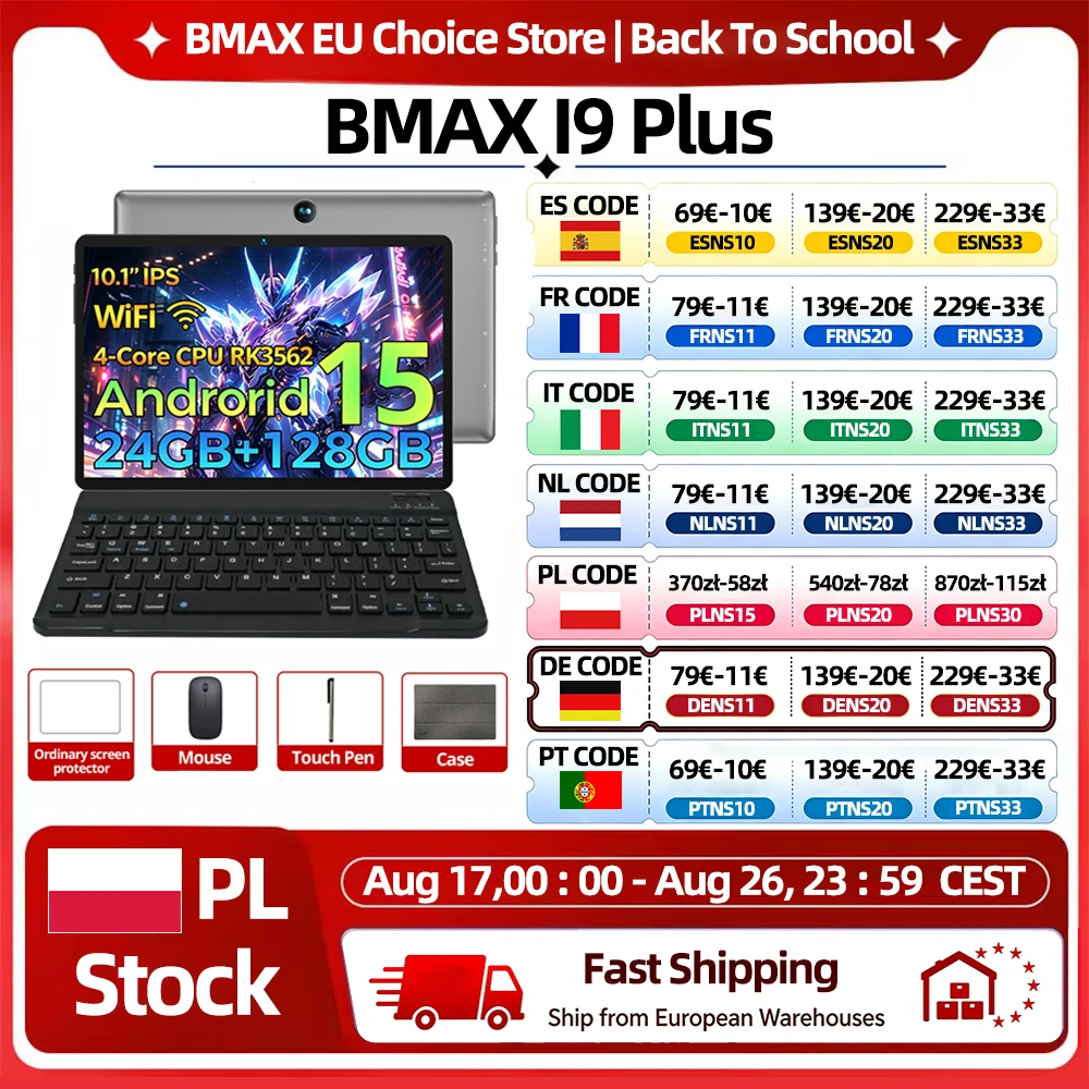 BMAX I9 Plus Android 15 Tablet 10,1'' 1280*800 IPS Rockchip RK3562 2-Kern 24GB RAM (4GB+20 Erweiterung) 128GB ROM 6000mAh Tablets WIFI 6 Bluetooth 5.4 Kamera Typ-C