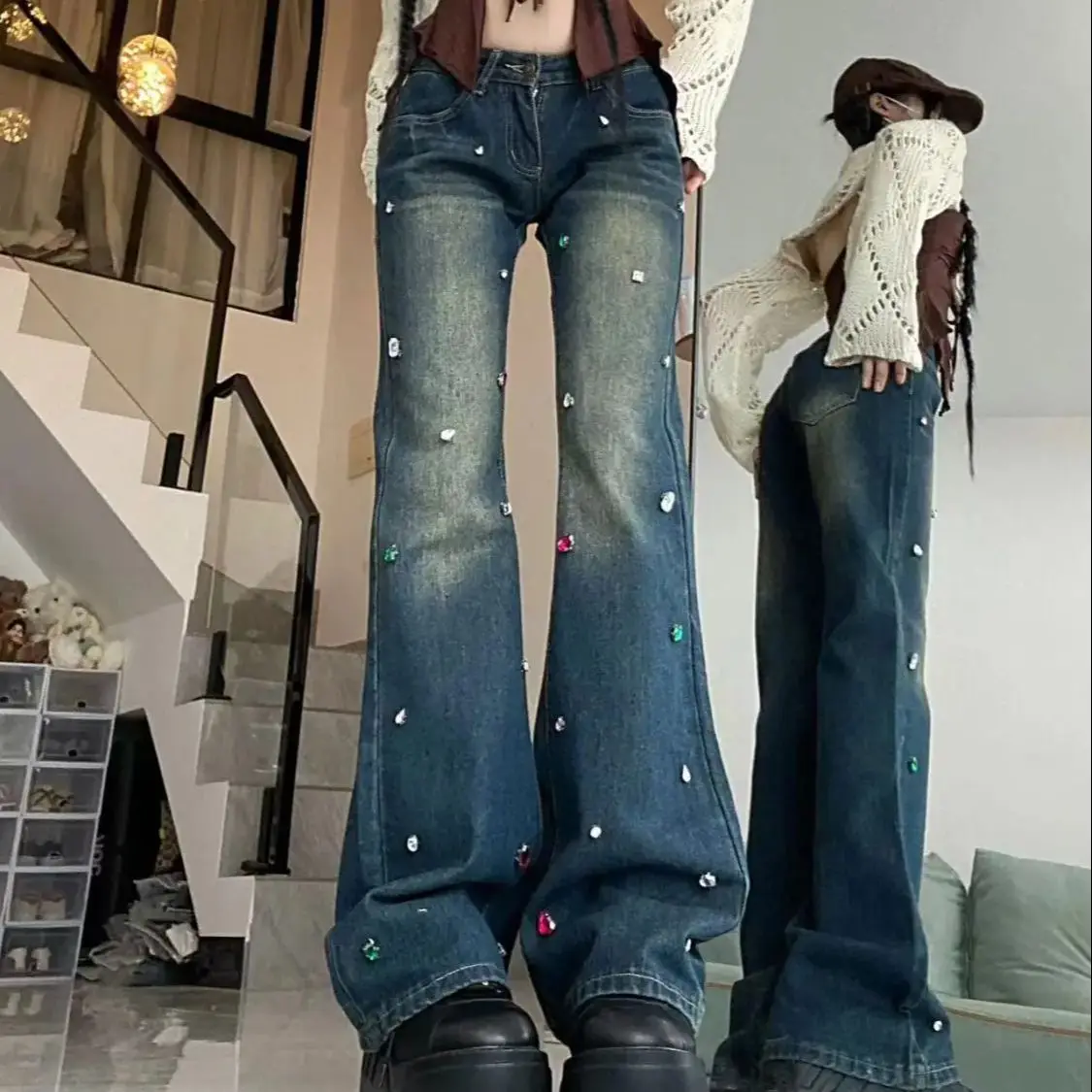 

American Retro Diamond Design Micro-Flare Jeans Women Spring Autumn High Street Low Waist Slim Straight Pants