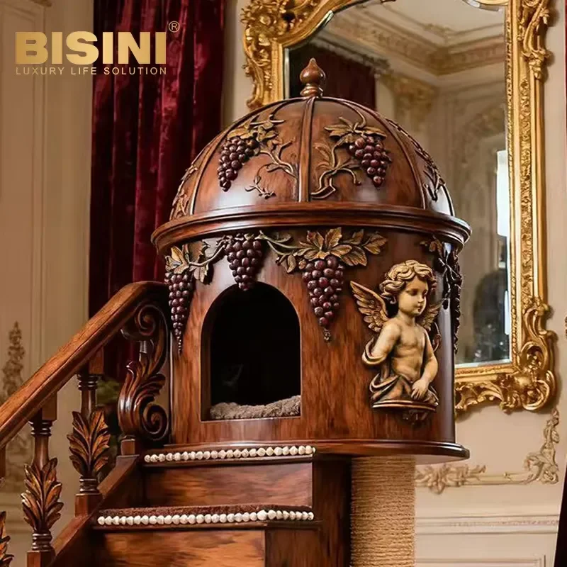 Solid Wood Hand Carved Luxury Indoor cat and Dog Villa with Staircase Handrails, High-end cat and Dog House