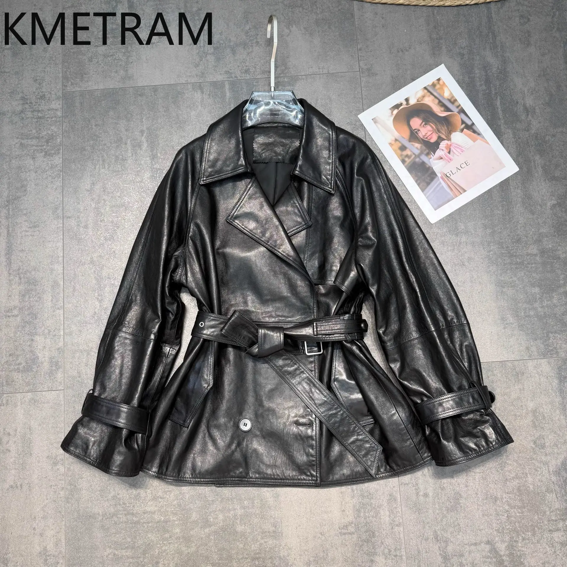 

KMETRAM 100% Genuine Sheepskin Leather Jacket Woman Short Belted Coats Fashion Real Leather Jackets New Women Clothing 2026 가죽자켓