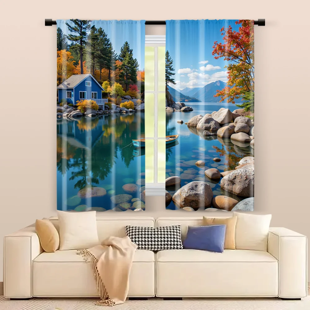 2 pcs, filtering curtains (excluding rods, non-movable, without batteries) Shoreline Boat Scene for use in bedrooms and living