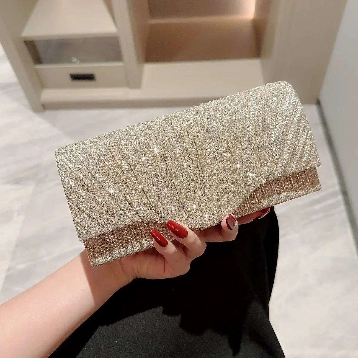 Ladies Glitter Silver Clutch Bag Envelope Evening Bag Fashion Elegant Long Purse Women Chain Shoulder Bags Wedding Party Handbag