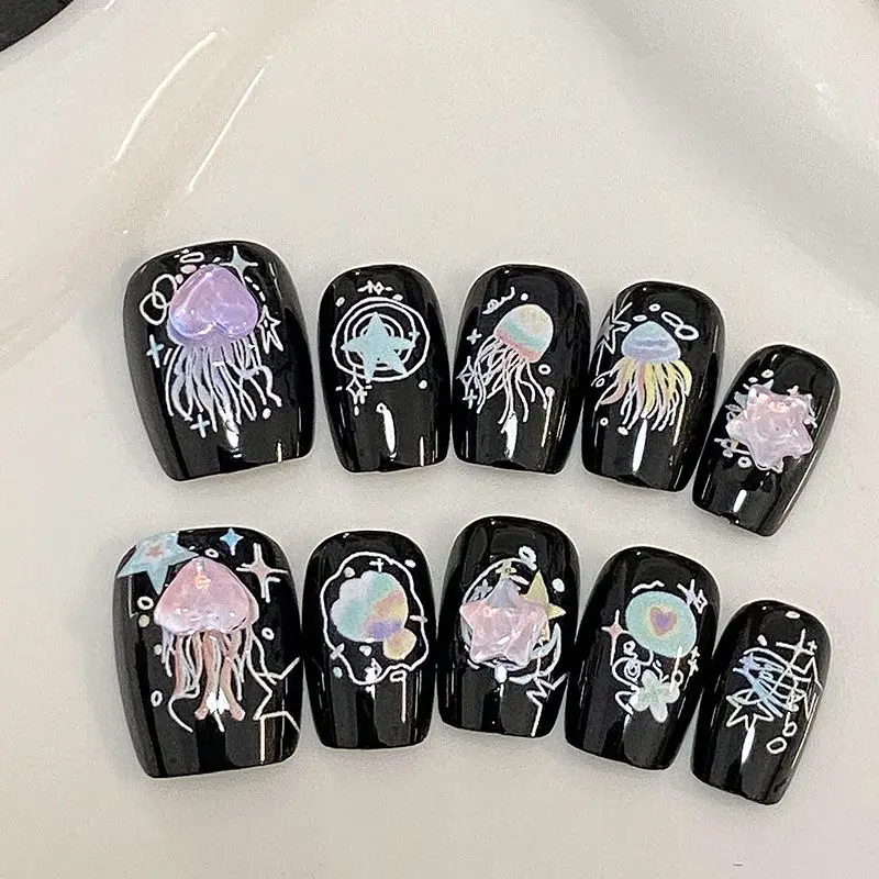 10Pcs/1 Set Women Black Jellyfish Butterfly Handmade Cat Eye High-end Press on Nails Short Square Trend Nail Stickers Nail Art