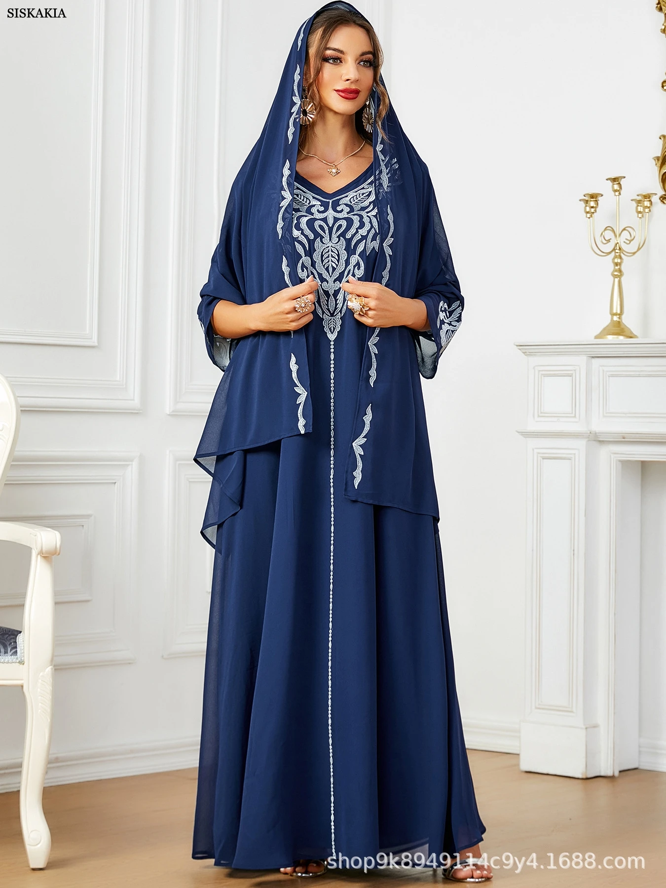 

Siskakia Дубай Вышивка Элегантное женское вечернее платье Мусульманское с v-образным вырезом Три четверти Абая Сетчатый хиджаб в комплекте Кафтан Марокаин Femm