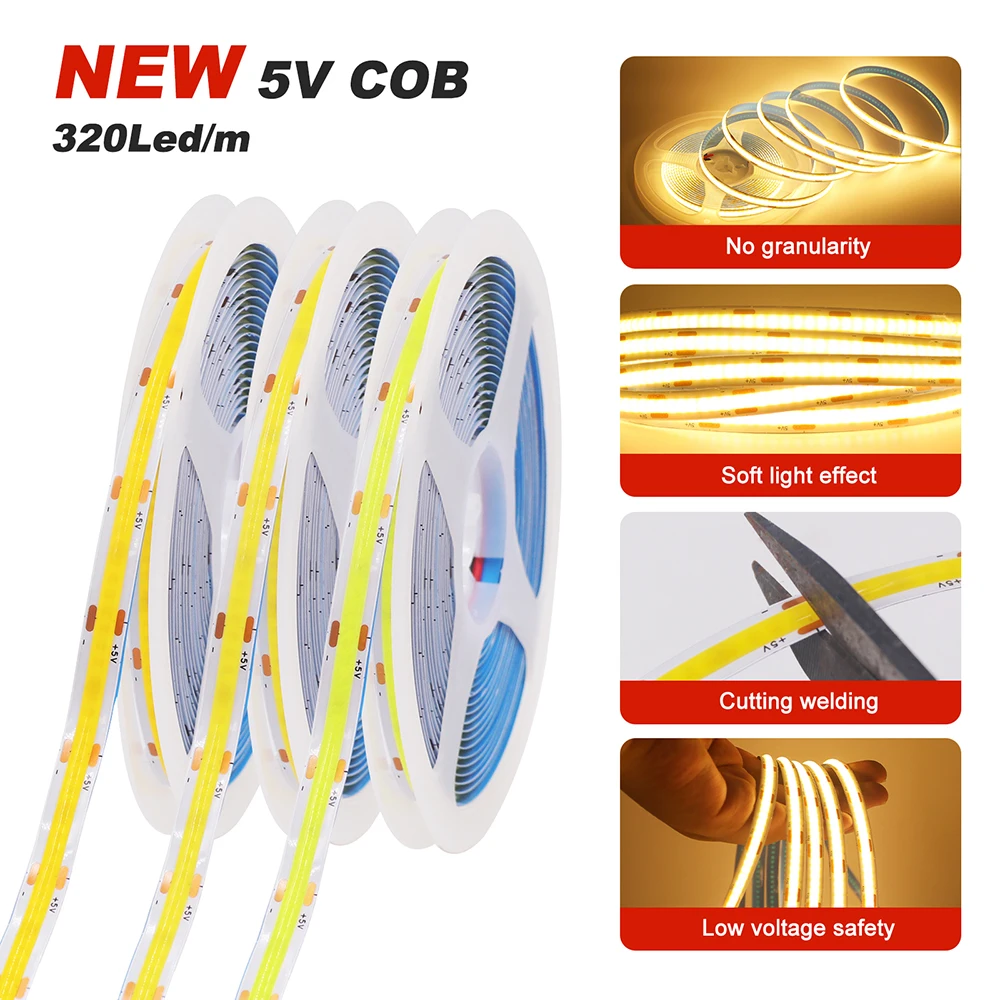 5V COB LED Strip Light 320LEDs/m High Bright 8mm PCB With USB DC Plug 2PIN for Bedroom Cabinet TV Backlight Room Decor