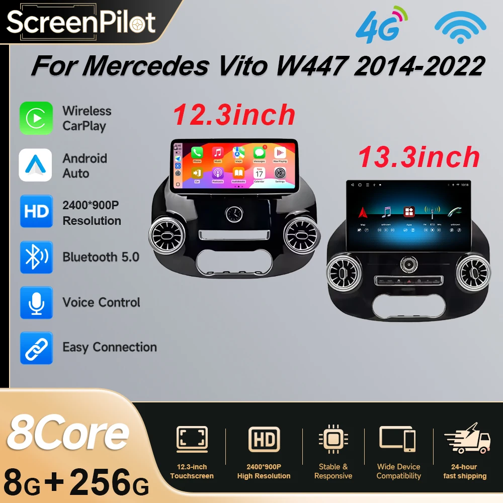 QLED 2400*900P Android 16 For Mercedes Vito W447 2014-2022 Car Radio 12.3“ 4G BT Stereo Multimedia Player GPS Navigation WIFI