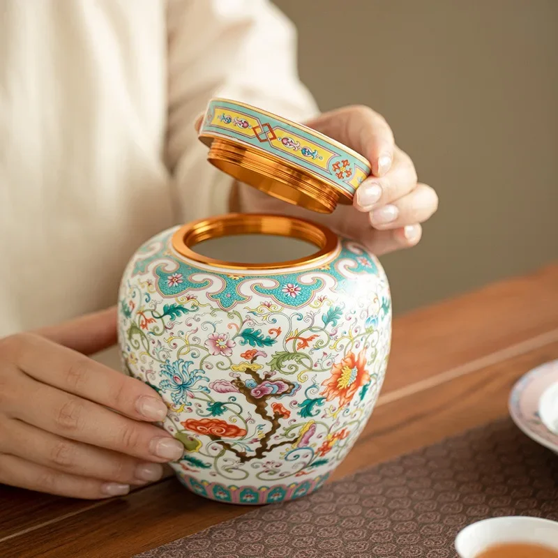 Jingdezhen Antique Enamel Color Tea Tank Storage Tank Shili Peach Blossom Antique Moisture-proof Sealed Tank Ceramic TeaSet Gift
