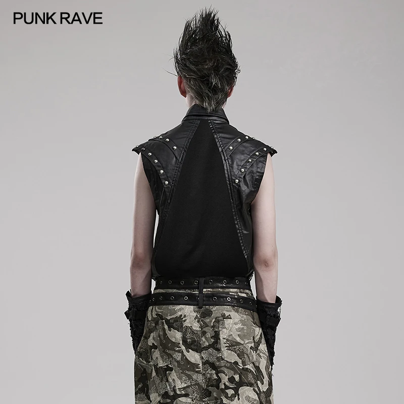 PUNK RAVE Men's Punk Vest, Black Cotton PU Elastane Mesh Sleeveless Rivet Buckle Gothic Top