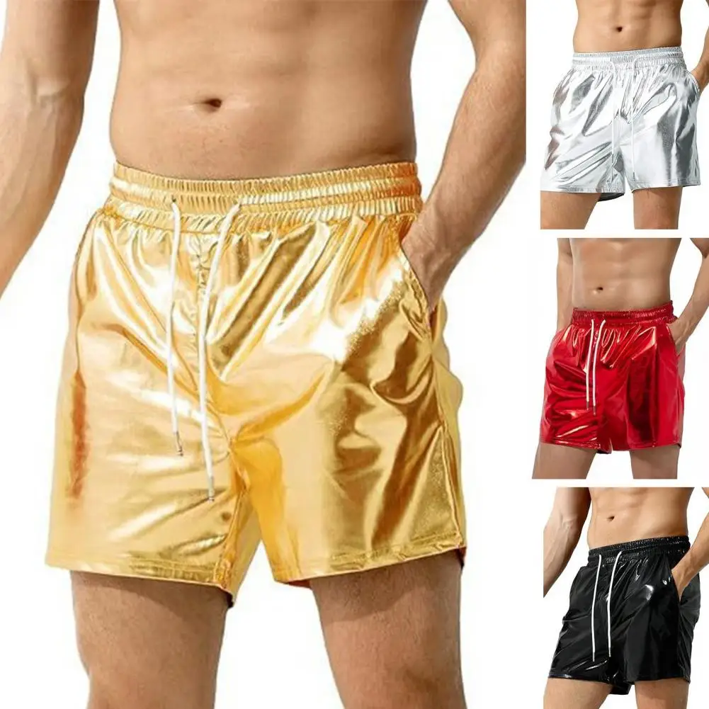 Men Glossy Surface Shorts Elastic Waist Wide Leg Wide Leg Vacation Shorts Sparkling Night Club Bar Party Casual Short Pants