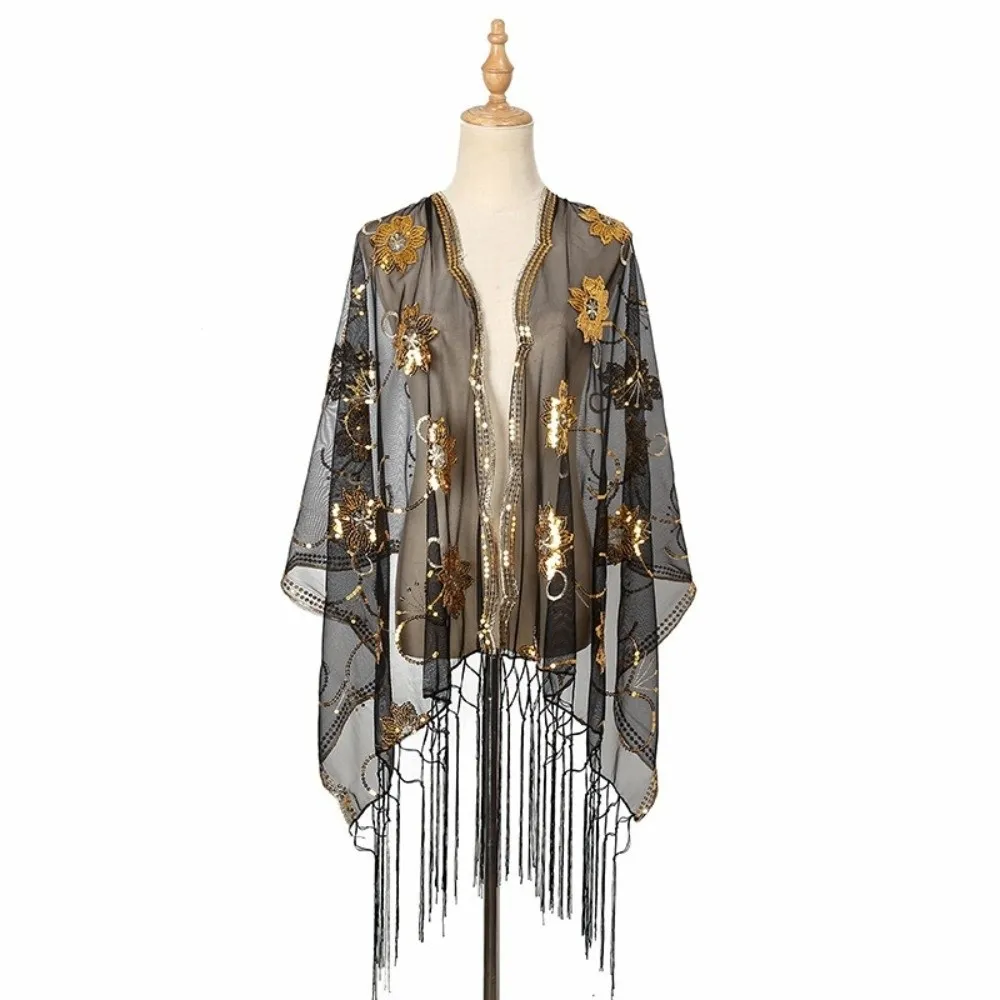 

Elegant Glitter Sequins Shawls Flower Pattern Tassel Mesh Wedding Cape Long Embroidered Lace Bridal Bridesmaid Shrugs Gathering