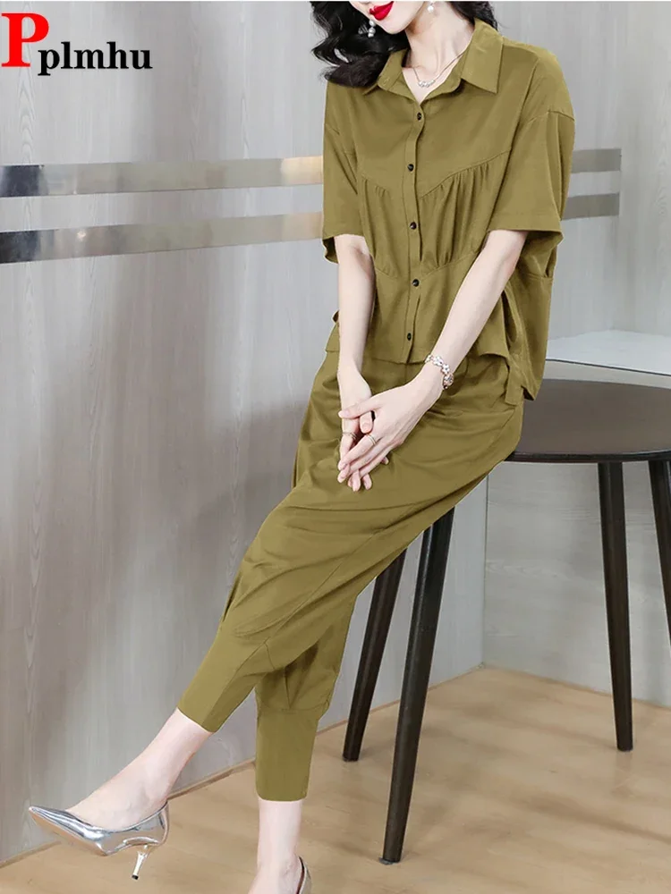 

Mom Summer Loose Two Piece Sets High Elastic Waist Baggy Harem Pants Suit Half Sleeve Shirts Tops Ensemble Casual Women Conjunto