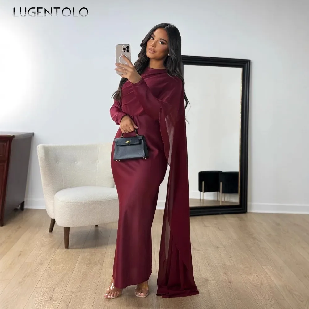 Women Satin Chiffon Dress Cocktail Party Package Hip Sexy Lady Banquet Middle East Elegant Solid Long Sleeve Clothing