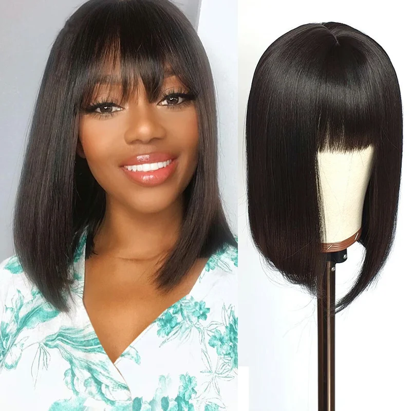 Short Bob Silky Straight Wig with Bangs Black Synthetic Hair Wigs Heat Daily US