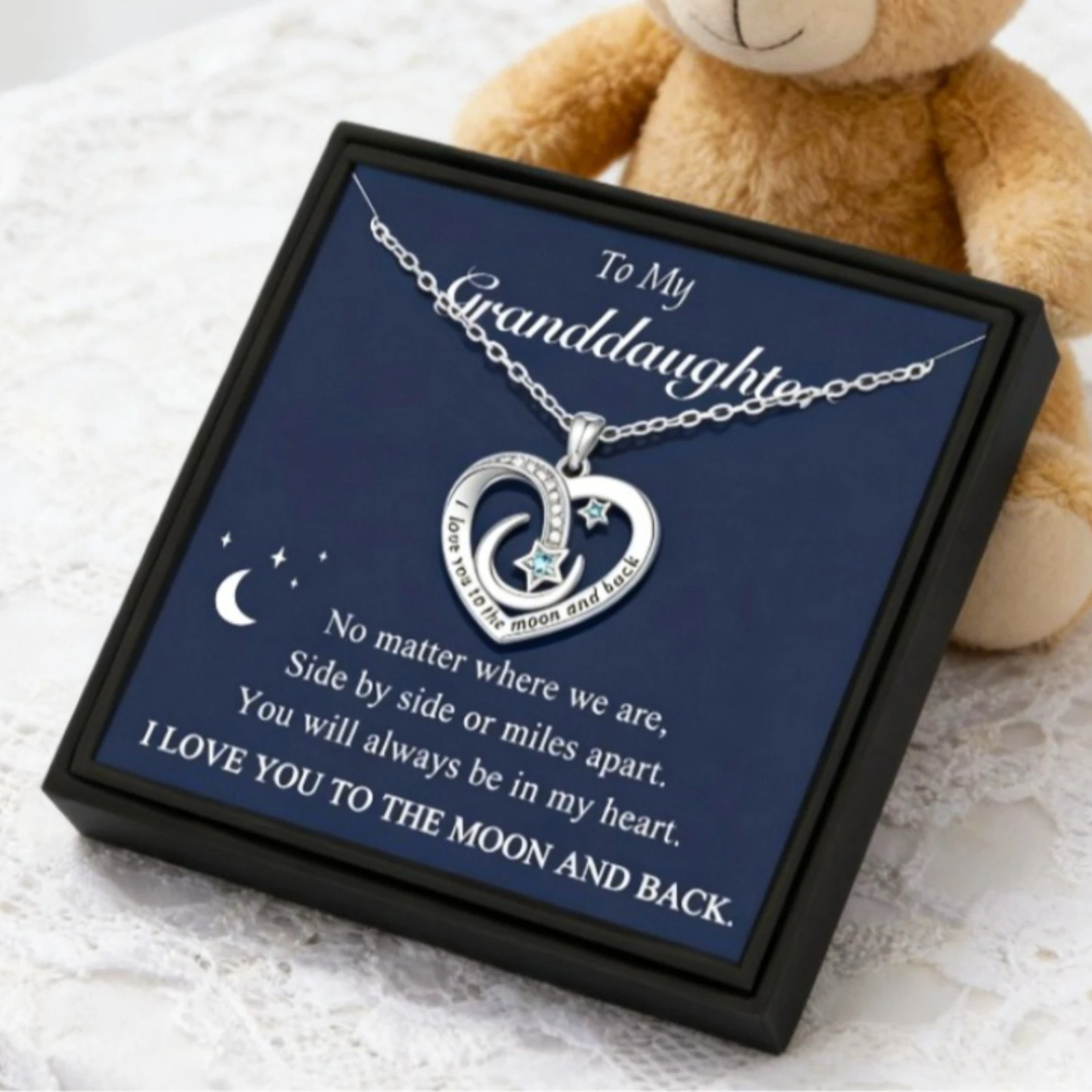 Regalo para nieta | Cadena de clavícula corazón luna | Zir sintético con incrustaciones de cobre***** óxido, collar + caja de regalo con tarjeta de felicitación