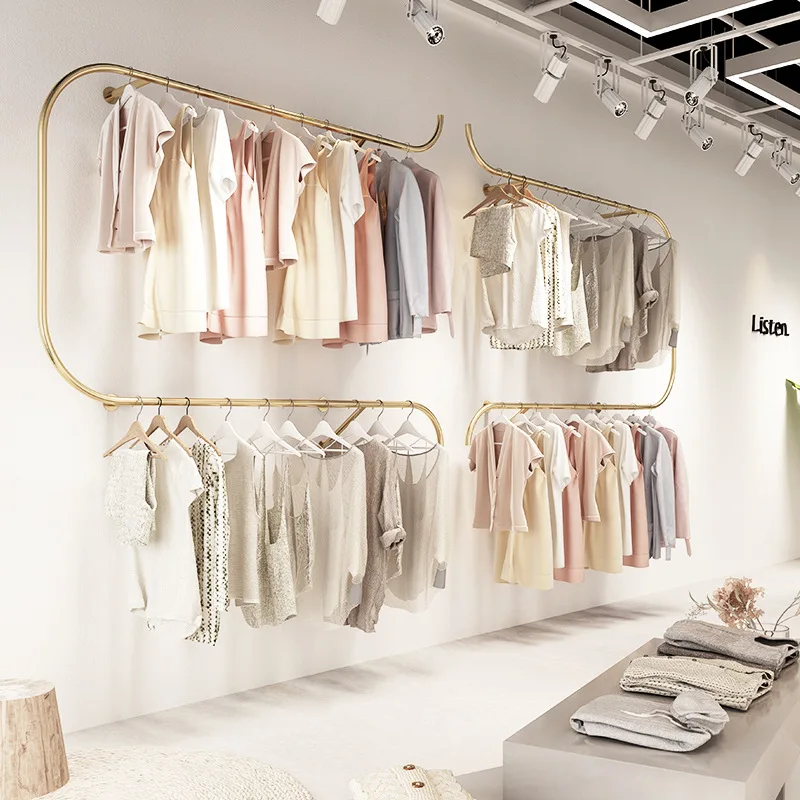 

Clothing store display rack, wall hanging rack, hanging hanger, double-layer clothes rack, gold women's clothing hanging rod.