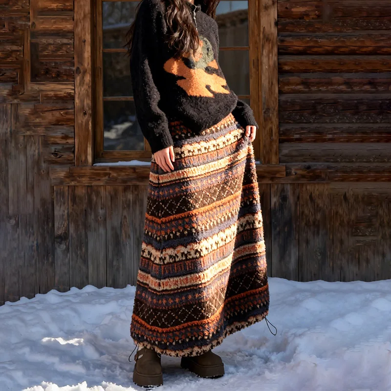 

Women's Clothing Polar Fleece Fair Isle Skirt Autumn and Winter New Drawstring Mid-Length Skirt Lantern Skirt