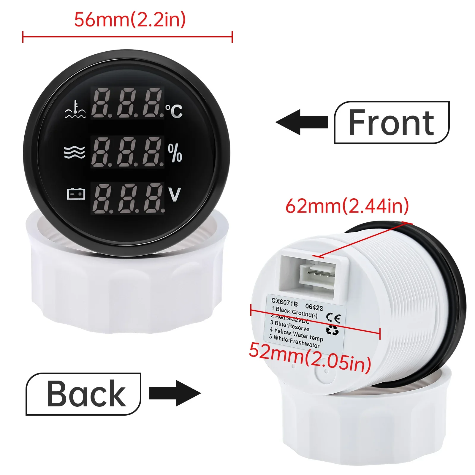 Red Light 3 IN 1 Gauge 52mm Water Level Gauge+Water Temp+Voltmeter with Alarm Temp Sensor Water Level Sensor 0-190ohm Car Boat