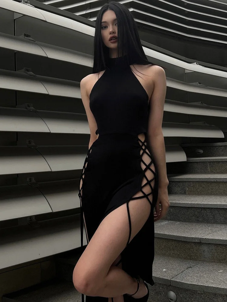 Hohe Split Sexy Verband Frauen Kleider Y2K Mall Gothic Halter Schlank Midi Kleid Schwarz Grunge Stil Alt party