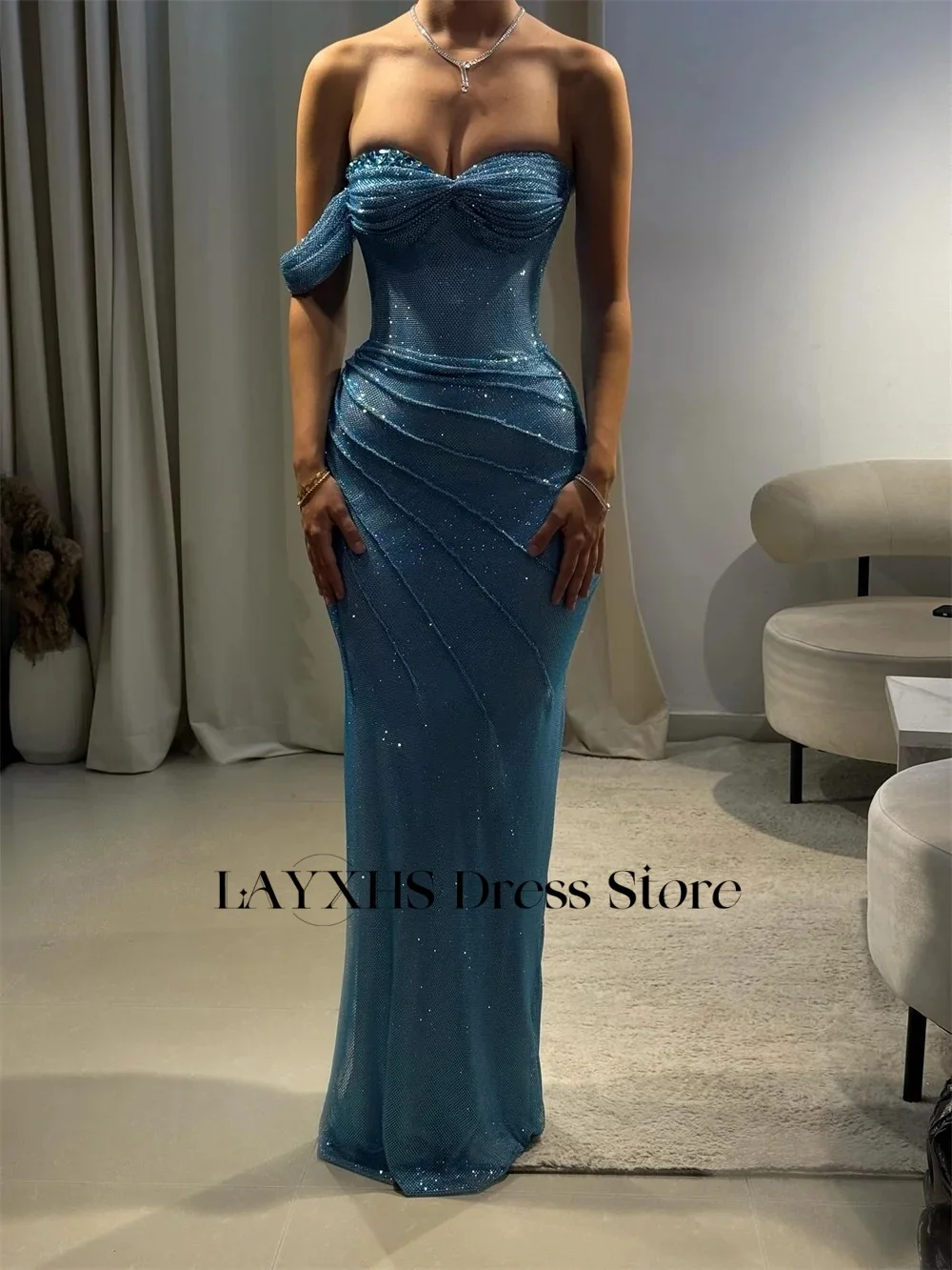 LAYXHS Sexy Azul Querida Vestidos de Noite Sereia Brilhante Frisado Plissado Vestidos de Baile Personalizados فساتmavera