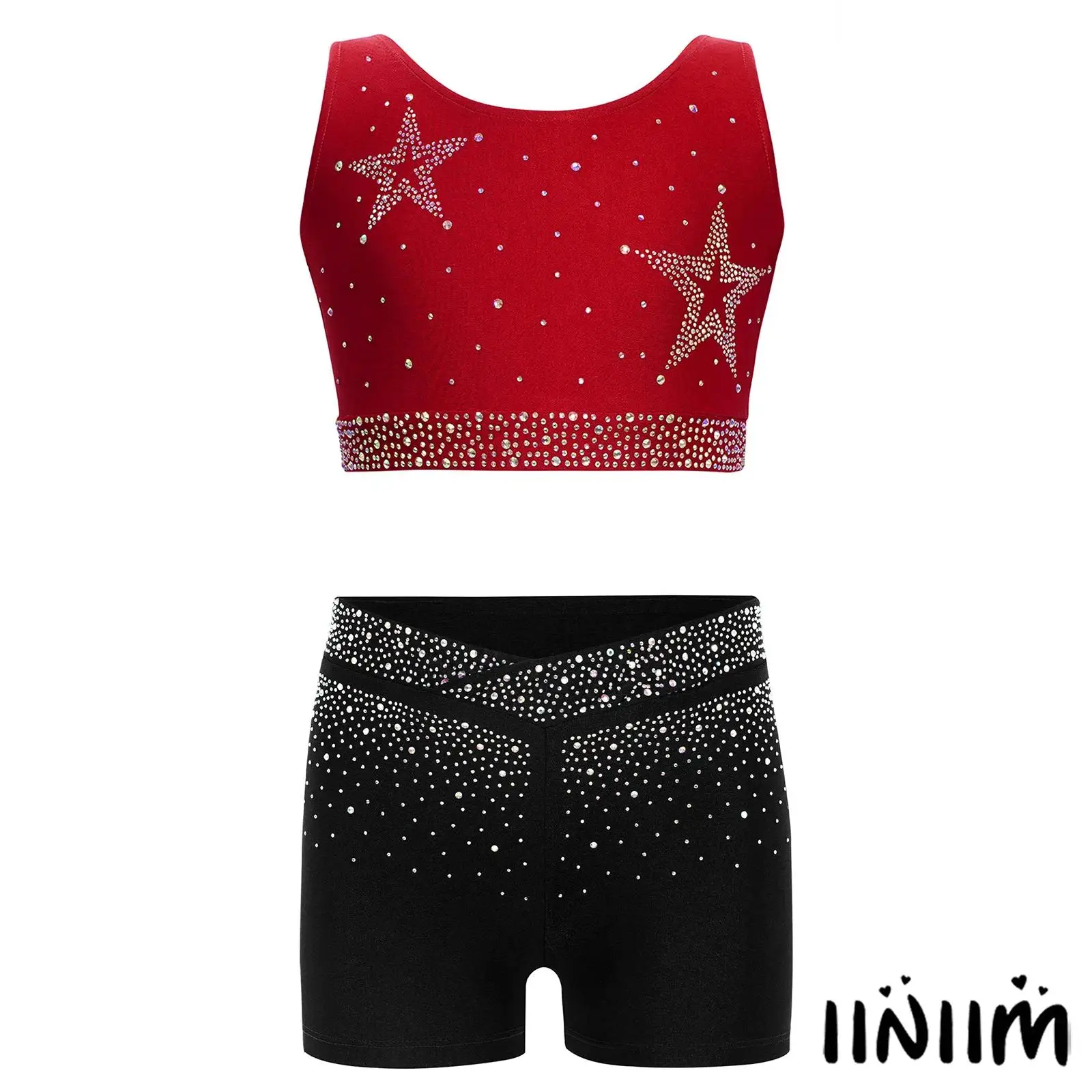

Kids Girls Ballet Gymnastics Dance Costume U Neck Crisscross Back Cropped Vest with Elastic Waistband Shorts Lyrical Dancewear