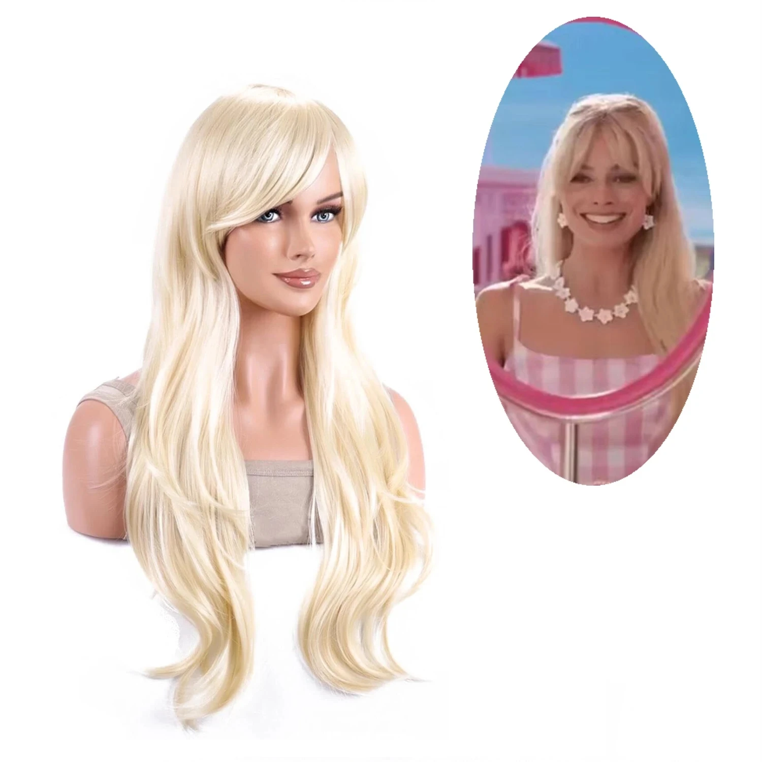 Medium Long Barbie Synthetic Wavy Wigs Blonde Hair Wig with Side Bangs for Ladies and Girls Daily Princess Use Cosplay Party