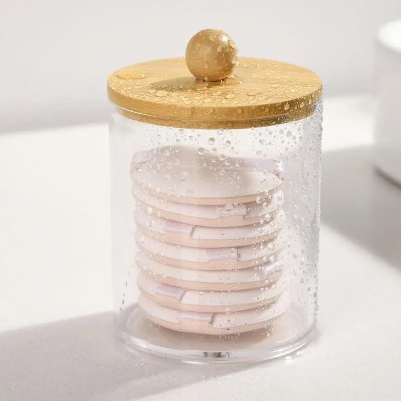Wattestäbchen-Organizer mit Bambusdeckeln, durchsichtiges Apothekerglas aus Kunststoff für die Aufbewahrung von Kosmetikartikeln auf dem Schminktisch – Detail 13