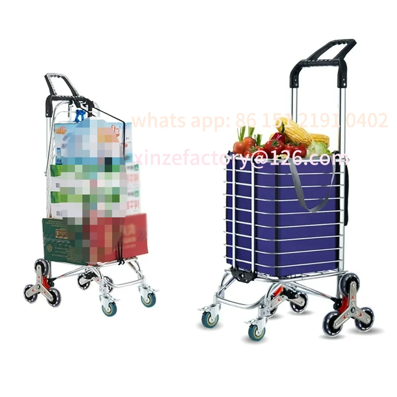 Customizable Aluminum Alloy Folding Grocery Cart Portable Shopping Trolley Lightweight Supermarket Food Folded Trolley Step Clim