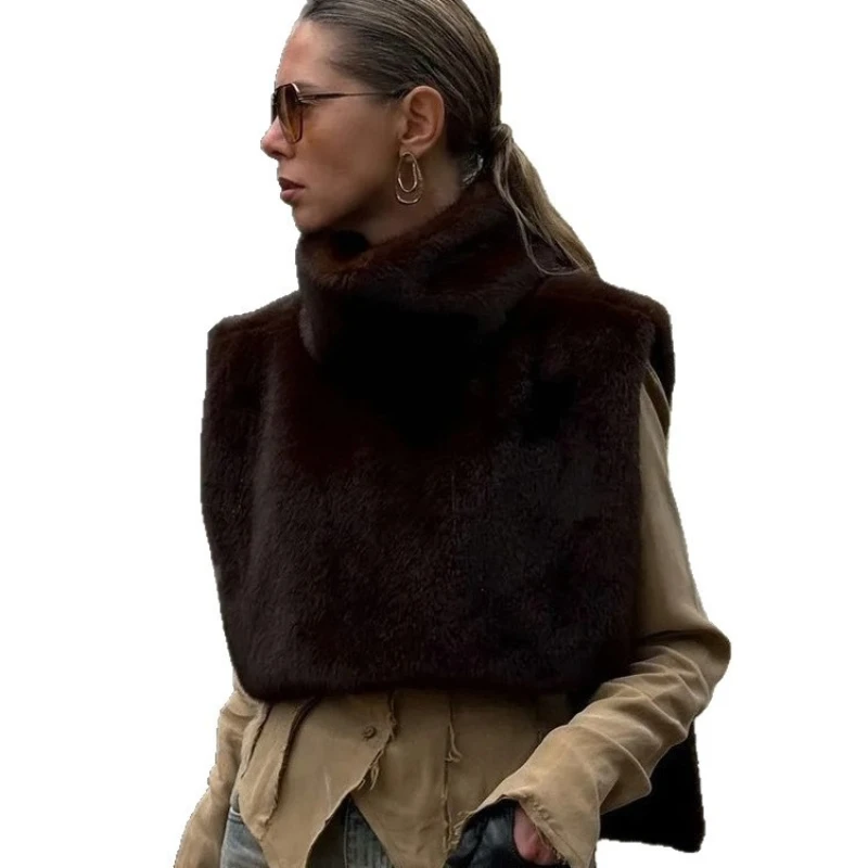 high quality Brand Fashion Faux Fur Sable Vest Crop Top Autumn Winter Turtleneck Eco Mink Fur Tank Tops Sleeveless Jacket Coat