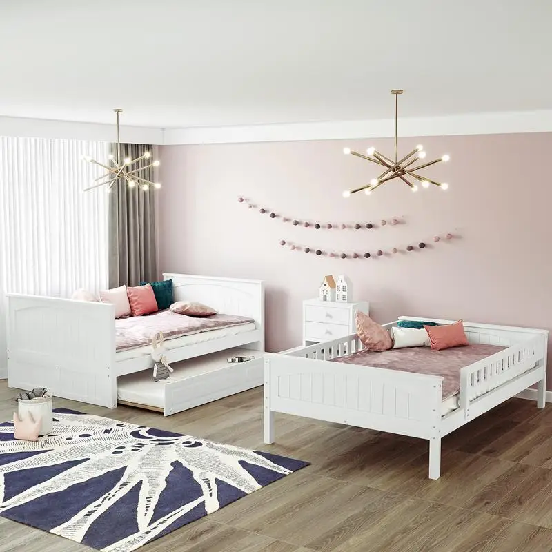 Łóżko piętrowe Full Over Full z wysuwanym łóżkiem pojedynczym, drewno sosnowe, poręcze, białe wykończenie