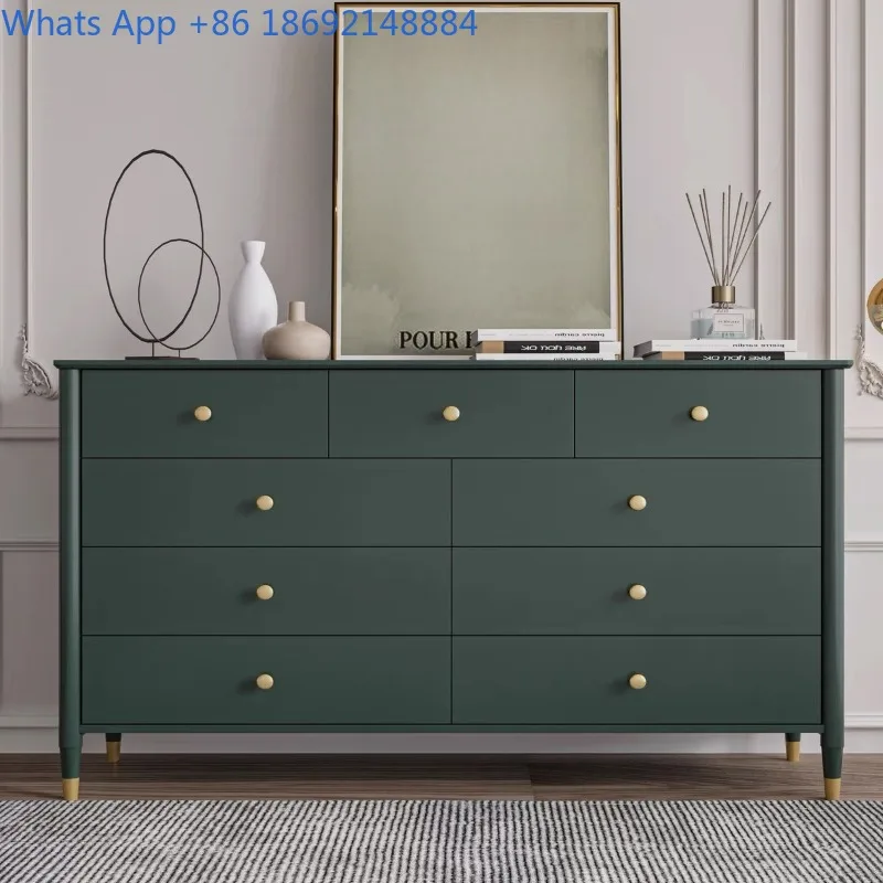 

French Retro Solid Wood Bedside Dark Green Bedroom Storage Cabinet Living Room Light Luxury Entryway Cabinet